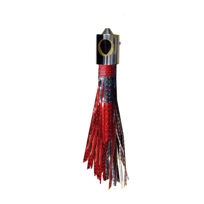 Fishing lure with chrome head, yellow and black eyes, and red and silver skirt