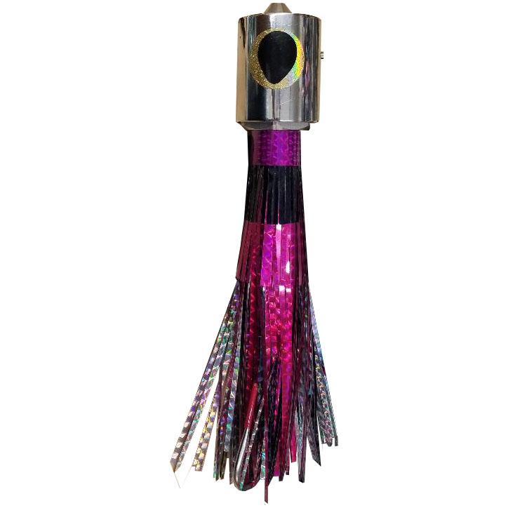Fishing lure with chrome head, yellow and black eyes, and purple and black skirt