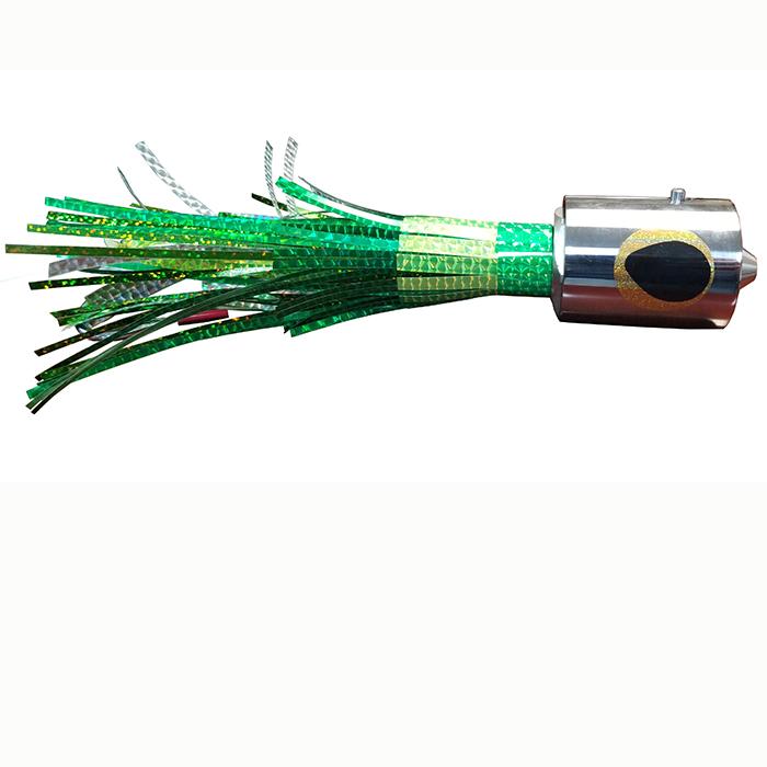 Fishing lure with chrome head, yellow and black eyes, and green and yellow skirt