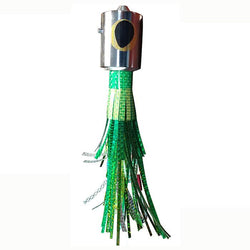 Fishing lure with chrome head, yellow and black eyes, and green and yellow skirt
