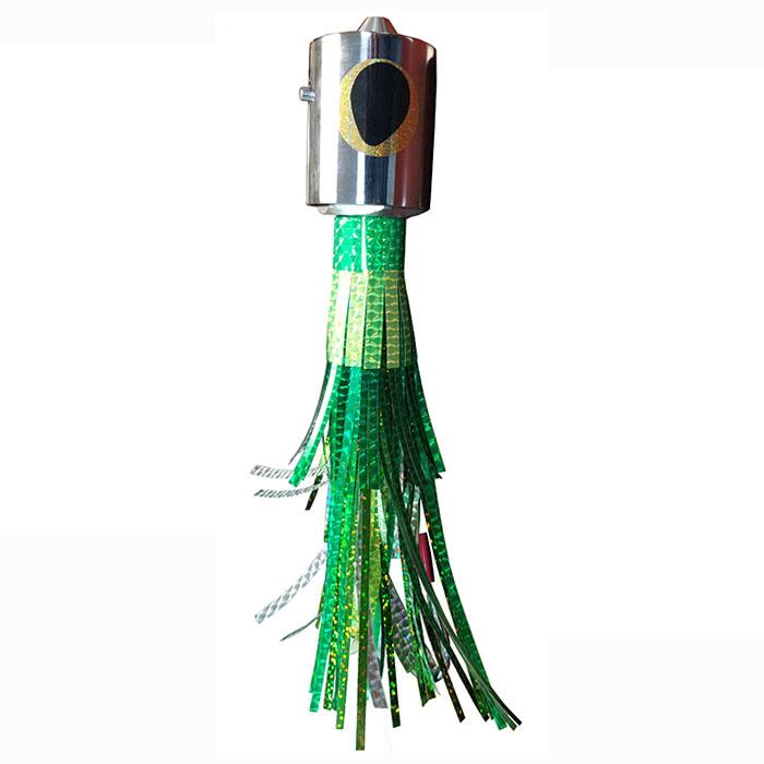 Fishing lure with chrome head, yellow and black eyes, and green and yellow skirt