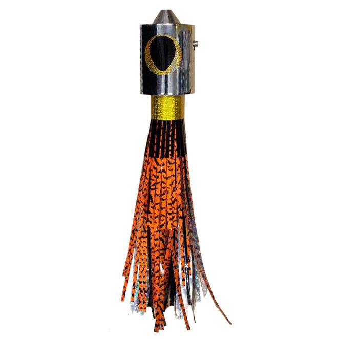 Fishing lure with chrome head, yellow and black eyes, and orange and tiger print skirt