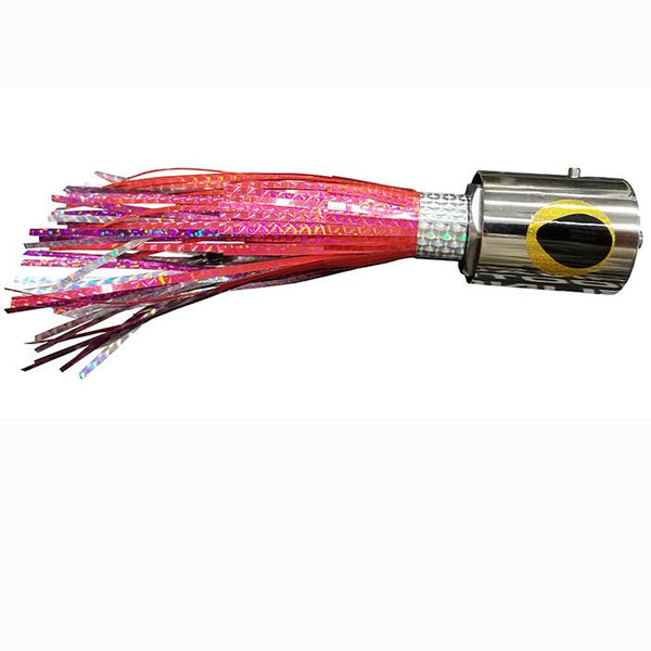 Fishing lure with chrome head, yellow and black eyes, and pink and silver skirt