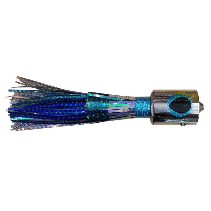 Fishing lure with chrome head, yellow and black eyes, and blue and silver skirt