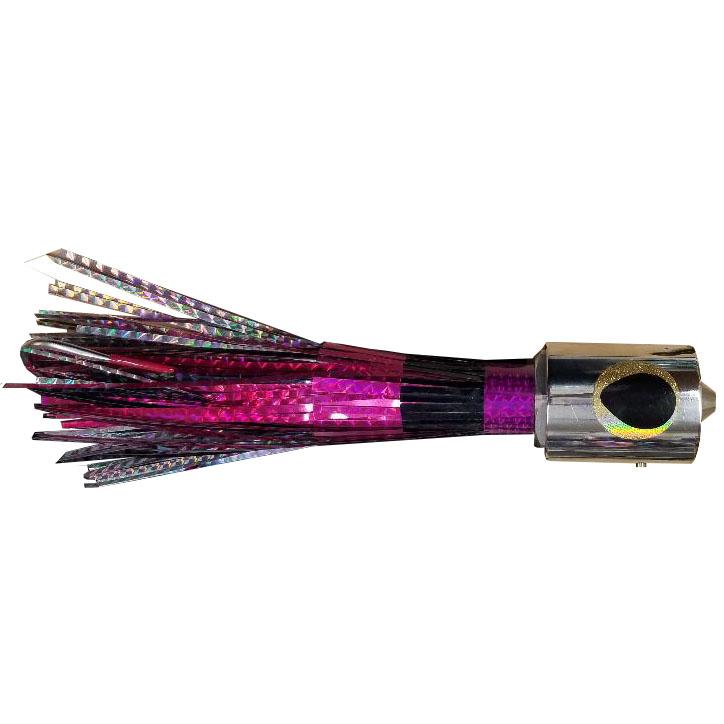 Fishing lure with chrome head, yellow and black eyes, and purple and black skirt