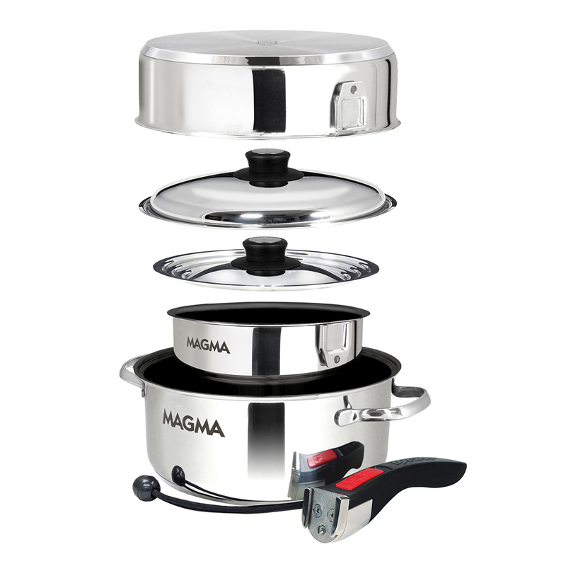 Magma stainless steel pots and pans with black interior.