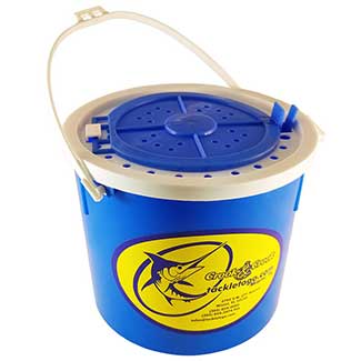 Blue bucket with white handle and yellow/blue store sticker