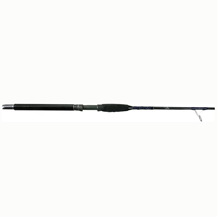 All black rod. Long, smooth base below reel cavity. Small grip above cavity. Rod length base contains a black and blue zig-zag design. Guides same blue.