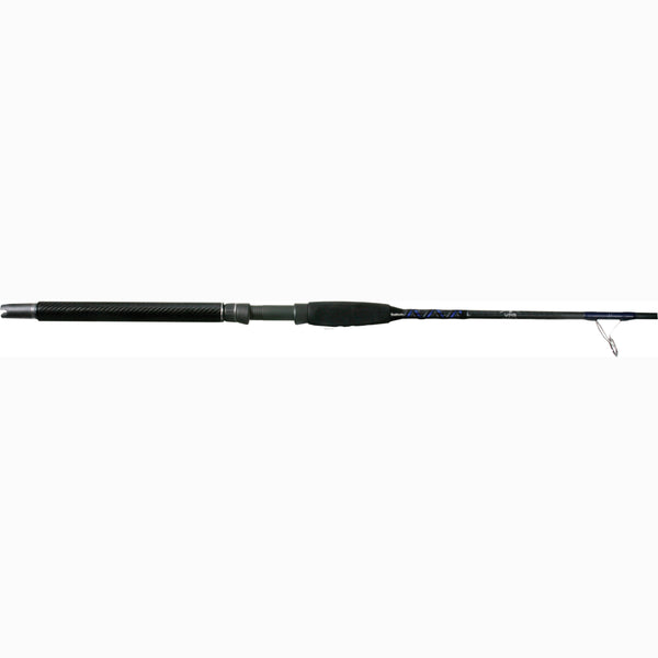 All black rod. Long, smooth base below reel cavity. Small grip above cavity. Rod length base contains a black and blue zig-zag design. Guides same blue.