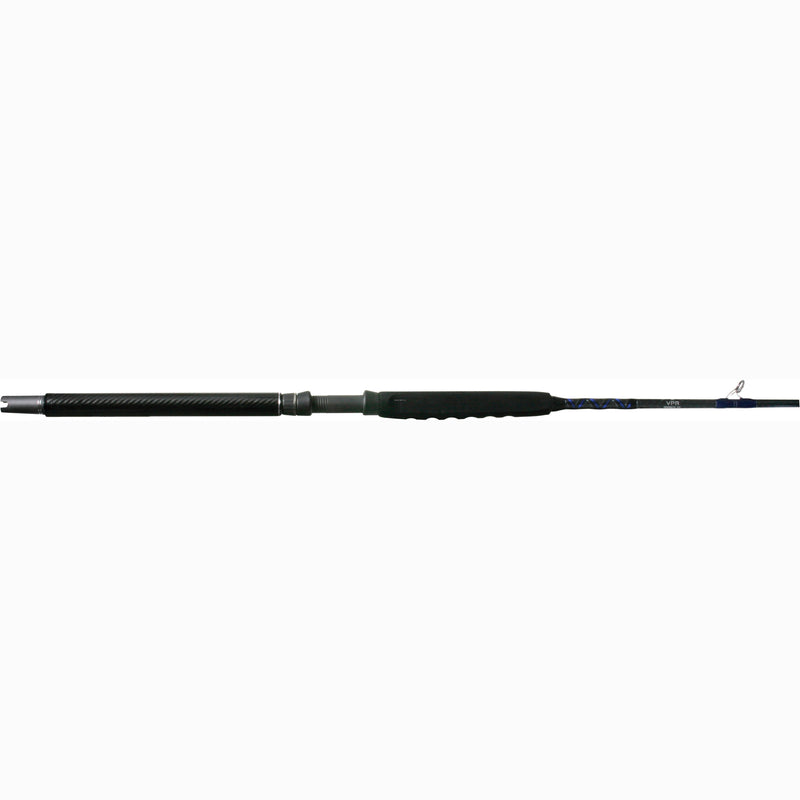Black rod with hand grip over area for reel. Zig-zag pattern above grip of black and blue with blue base for the guides.