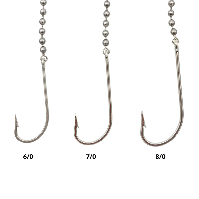Bead chain rigs shown with 3 different hook sizes