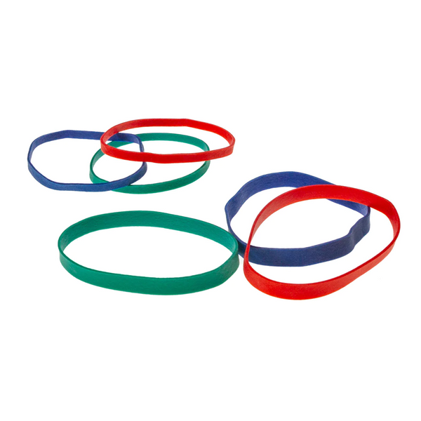 rubber bands shown in various sizes and colors blue, red, and green