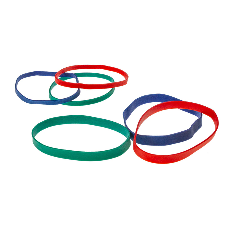 rubber bands shown in various sizes and colors blue, red, and green