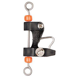 Small fishing release clip made of black plastic and silver metal with orange beads