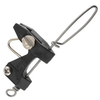 Small fishing release clip made of black plastic and silver metal
