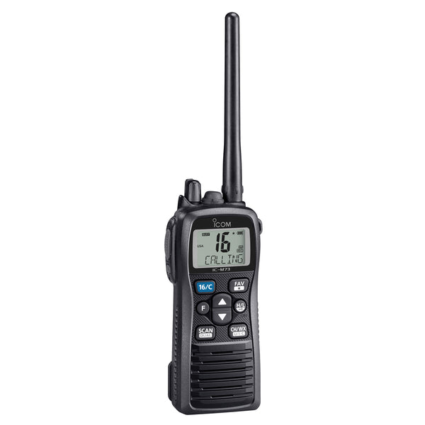 The M73 is perfect for the commercial marine market and radio users familiar with Icom's celebrated M72 VHF handheld. The M73 features 6 Watts of high transmit power and waterproof IPX8 Submersible construction. The M73 also promotes the popular hourglass body shape and comfortable side grips for intuitive one-handed operation.