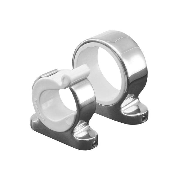Two rings with stainless steel exterier and white interior. The smaller ring has a white clip on the top.
