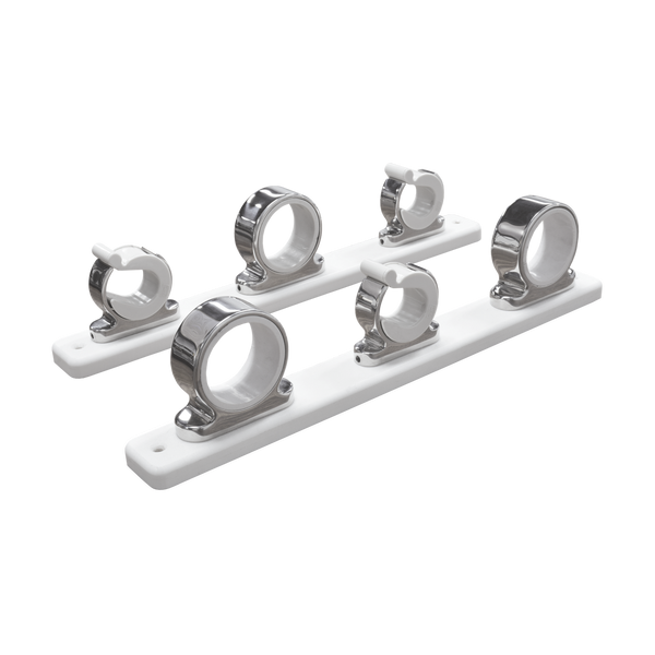 Two pieces of white base with three rings. Rings have a stainless steel look on exterior and white interior