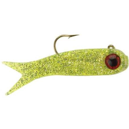 Transparent bright green with red eye and shimmery glitter throughout.