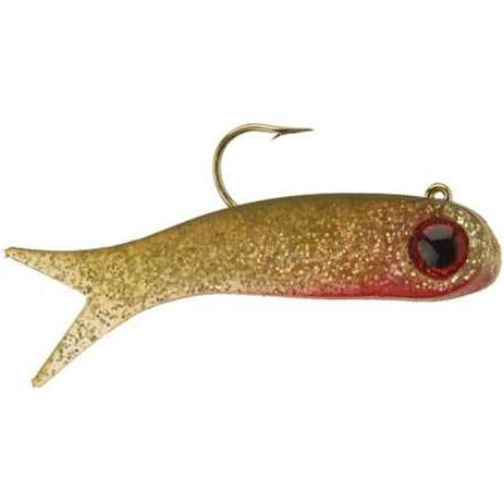 Transparent murky green, red tint below "mouth," with red eye and a lot of gold glitter throughout.