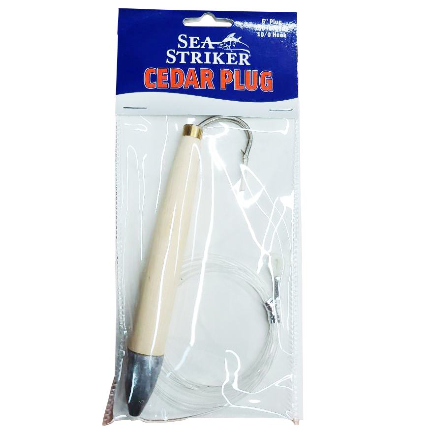 cedar plug fishing lure Tuna Lures, Rigged, 6-Pack, 6 inches Available in real natural cedar or a variety of colours SEA STRIKER Rigged Cedar Plug