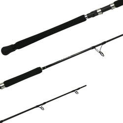 Spinning Rod collated; long thin black handle/grip, reel area book-ended by silver dividers, and thin black rod with small guides.