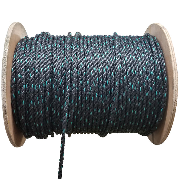 Black and aqua rope on spool