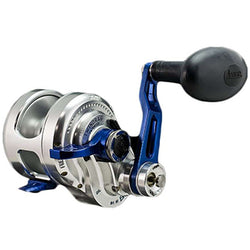 Silver reel and metalic blue arm