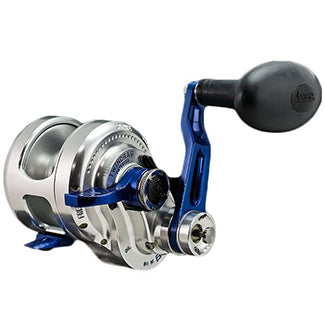 Silver reel and metalic blue arm