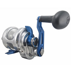 Silver reel and metalic blue arm