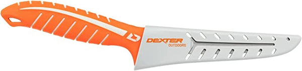 DEXTREME knife with blade in sheath, orange grip with white sheath showing Dexter Outdoors logo on side