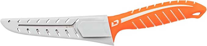 Knife in sheath showing back side of sheath and orange DEXGRIP