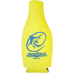 Yellow bottle-shaped koozie with blue logo