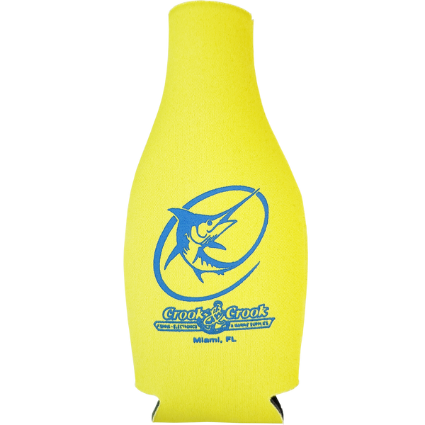 Yellow bottle-shaped koozie with blue logo
