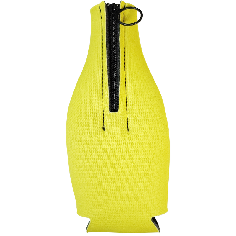 Yellow bottle-shaped koozie with black zipper