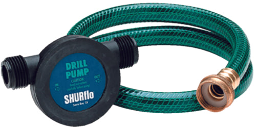 1/4" shaft fits standard drill, BUNA impeller and seals. 3/4" male garden hose ports.  Includes 3' x 1/2" ID garden hose, 24" x 1/4" OD oil probe, and 3" x 3/8 OD x 1/4" ID adapter.