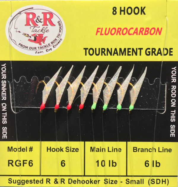 R&R TACKLE RGF6 Fluorocarbon Bait Rigs - 6 (size 6) with white feather & green heads