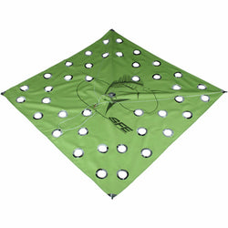 Large green and black square kite, holes present throughout, with sailfish logo in center
