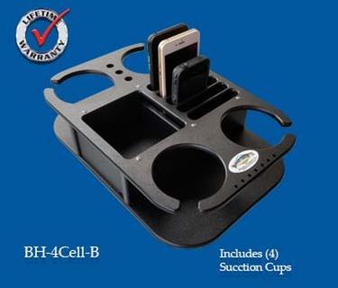 4 Drink Holder with Cell Phone Slots and Storage Box - Black