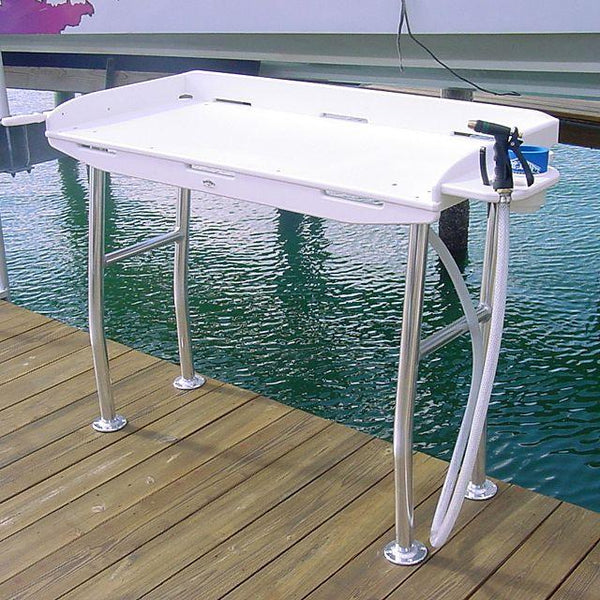 fish cleaning table accessories Allpop with 2 Sinks, 42.5'' Portable Folding Camping Fish Station with Extanded Stand, Grid Rack, Faucet, Drainage Hose, Sprayer, Storage Box, Drawer & Grooves for Picnic, White patented water manifolds Deep Blue Ft48 Dockside Filet
