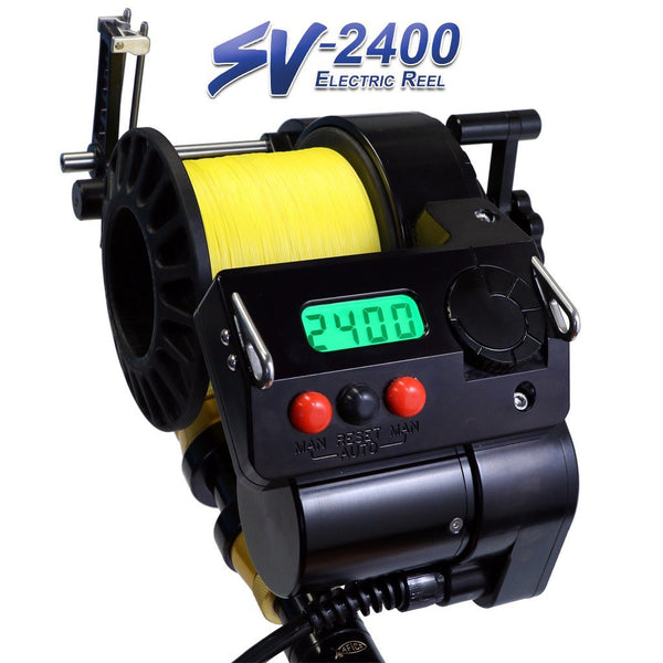 All black electric reel with green digital display. Three buttons (red, black, red) with back dial and yellow line spooled.