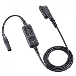 Black cable with two button control closest to the female end. Long end contains male connector.