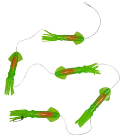 Five squid chained together with a short distance in between. Image shown has green squid with an orange insert.