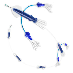 Blue body and white fin/tentacle squid set. First two are large with a bent wire with a small squid on either end. Below them are three more smaller squid equally separated along a metal wire.