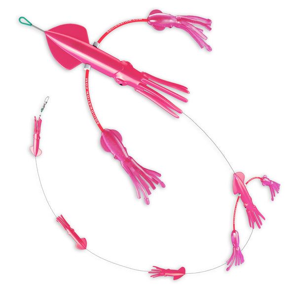 Pink squid set. First two are large with a bent wire with a small squid on either end. Below them are three more smaller squid equally separated along a metal wire.