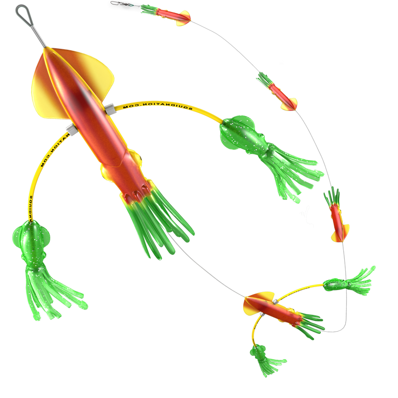 Red body, red-to-yellow fins, yellow eyes, and green tentacles squid set. First two are large with a yellow bent wire with a small green squid on either end. Below them are three more smaller squid equally separated along a metal wire.