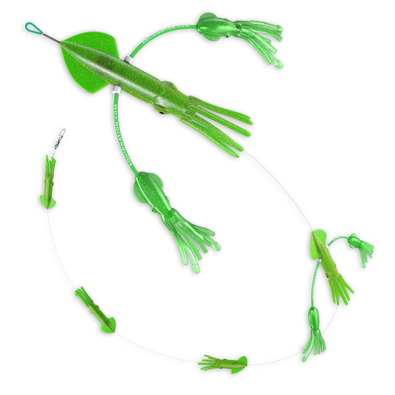 Glittery transparent green squid set. First two are large with a bent wire with a small squid on either end. Below them are three more smaller squid equally separated along a metal wire.