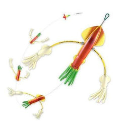 Red body, red-to-yellow fins, yellow eyes, and green tentacles squid set. There are four large squid with a yellow bent wire going across the center of the body with a small transparent white squid on either end. At the end of the metal wire they are joined by is a small weight with the same color scheme.