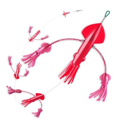Pink body, fins, eyes, and tentacles squid set. There are four large squid with a pink bent wire going across the center of the body with a small transparent pink squid on either end. At the end of the metal wire they are joined by is a small weight with the same color scheme.