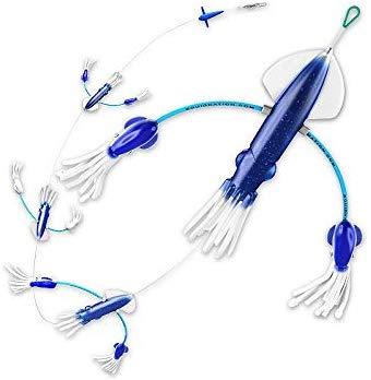 Dark blue with glittery body, white fins, dark blue eyes, and white tentacles squid set. There are four large squid with a baby blue bent wire going across the center of the body with a small transparent dark blue head/white tentacle squid on either end. At the end of the metal wire they are joined by is a small weight with the same color scheme.